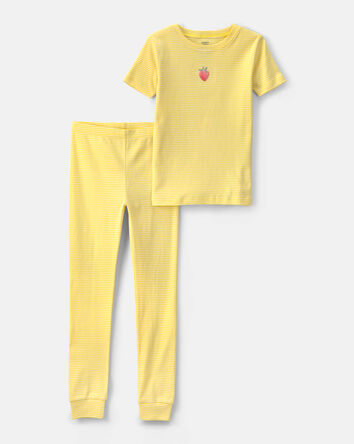 Girls Strawberry 100% Cotton Snug Fit 2-Piece Pajama Set - Yellow, 