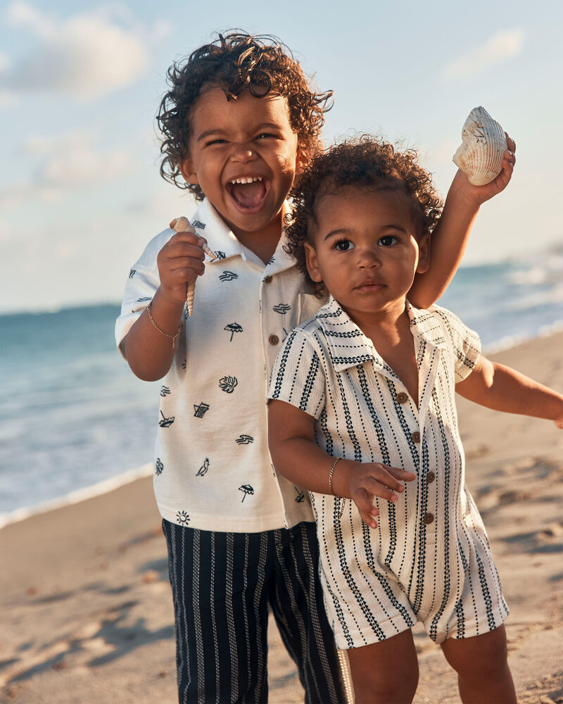 Toddler Boy Beach Short-Sleeve Button-Down Shirt - Black/Ivory, image 3 of 5 slides
