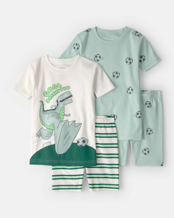 Toddler Boy Soccer Dino 100% Cotton Short-Sleeve Snug Fit 4-Piece Pajama Set - Green, 