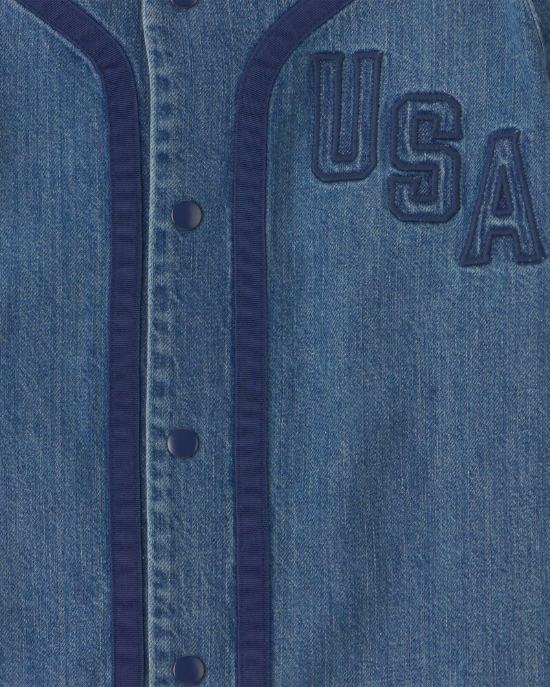 Boys 'USA' Denim Short-Sleeve Button-Down Shirt - Medium Wash, image 2 of 3 slides