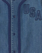 Boys 'USA' Denim Short-Sleeve Button-Down Shirt - Medium Wash, image 2 of 3 slides