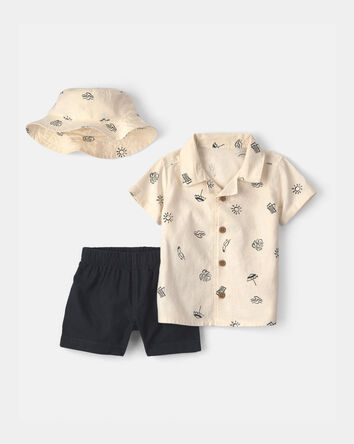 Baby Boy 3-Piece Hat, Top & Short Set - Black/Ivory, 