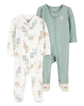 Baby 2-Pack  Cotton 2-Way Zip Sleep & Play Pajamas - Green/Ivory, 
