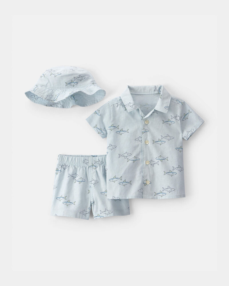 Baby Boy 3-Piece Shark Top & Short Set - Blue, image 1 of 3 slides