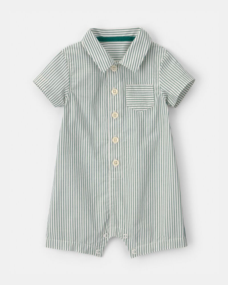Baby Boy Stripe Short-Sleeve Romper - Green/White, image 1 of 3 slides