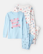 Girls 100% Cotton Snug Fit 4-Piece Pajamas - Blue/White, image 1 of 4 slides