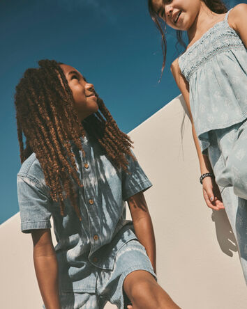 Girls Chambray Floral Pull-On Pants - Light Wash, 