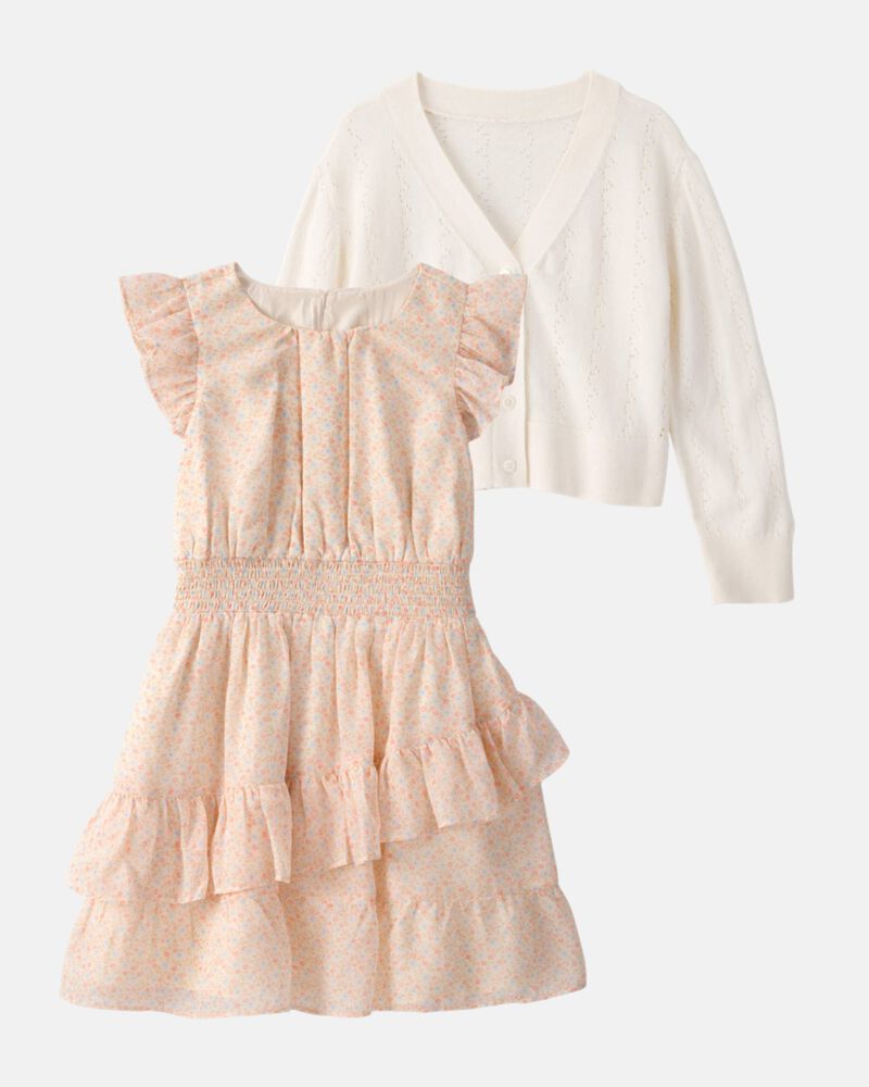 Girls 2-Piece Cardigan Sweater & Dress Set - Brown/White, image 1 of 7 slides