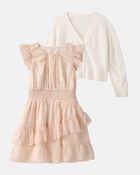 Girls 2-Piece Cardigan Sweater & Dress Set - Brown/White, image 1 of 7 slides