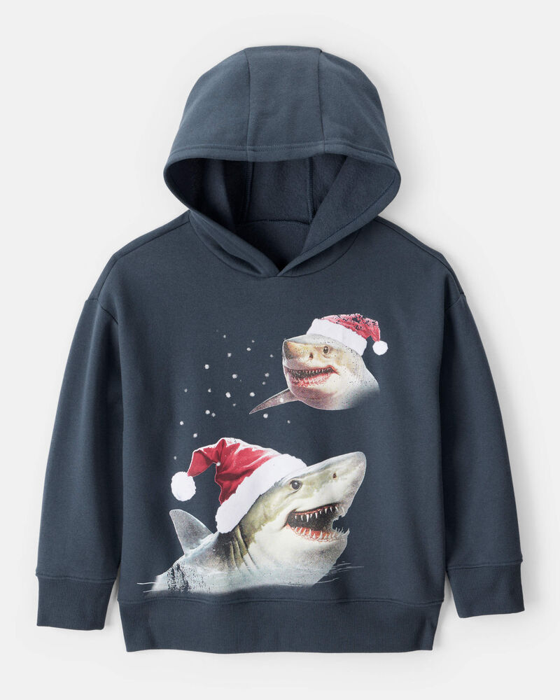Boys Christmas Santa Shark Long-Sleeve Fleece Hoodie - Navy, image 1 of 4 slides