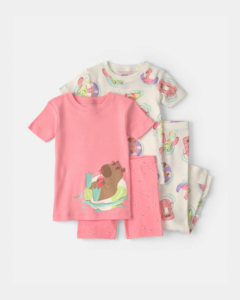 Baby Girl Pool Party 100% Cotton 4-Piece Pajama Set - Pink/Ivory, image 1 of 4 slides