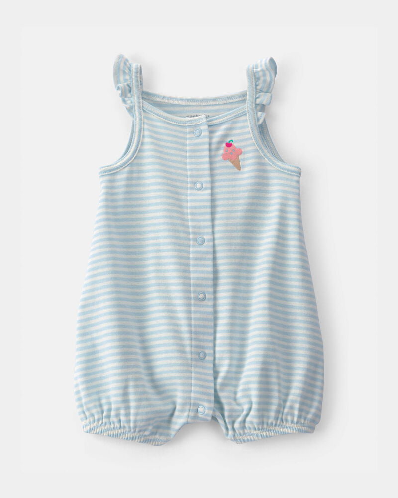 Baby Girl Striped Ice Cream Romper - Blue/White, image 1 of 3 slides