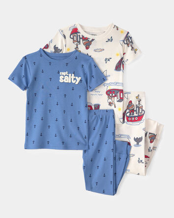 Toddler Boy Anchor 100% Cotton Snug Fit 4-Piece Pajama Set - Blue/Cream, 