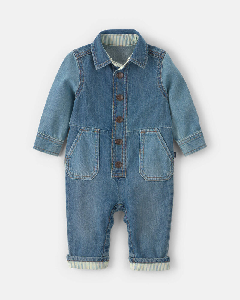 Baby OshKosh Logo Long-Sleeve Denim Jumpsuit - Medium Wash, image 2 of 5 slides