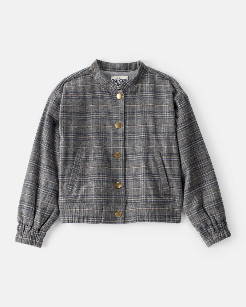 Girls Plaid Cotton Long-Sleeve Fashion Jacket - Grey, image 1 of 4 slides