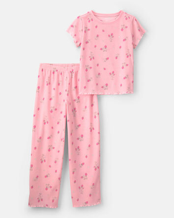Girls Strawberry Rib Loose Fit 2-Piece Pajama Set - Pink, 