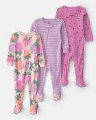 Baby Girl 3-Pack Fruit 100% Cotton 1-Piece Pajama Sets - Pink/Purple, image 1 of 5 slides