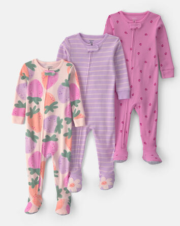 Baby Girl 3-Pack Fruit 100% Cotton 1-Piece Pajama Sets - Pink/Purple, 
